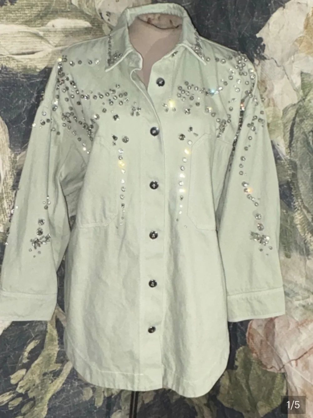 Free People Olive Green Denim-Look Embellished Shacket - Picture 2 of 3